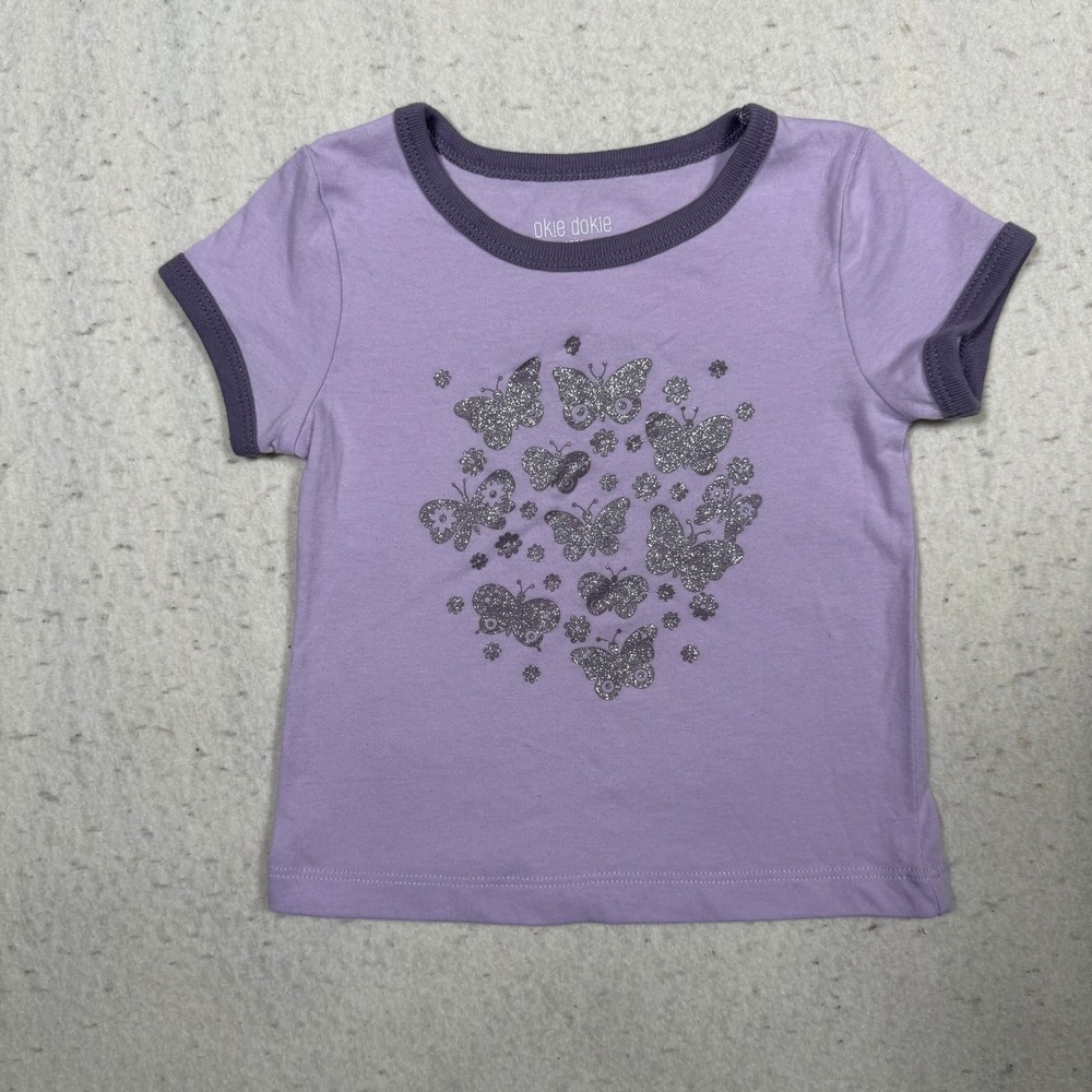 Okie Dokie Girls 18M Purple Butterfly Glitter Ringer T-Shirt Lavender Tee